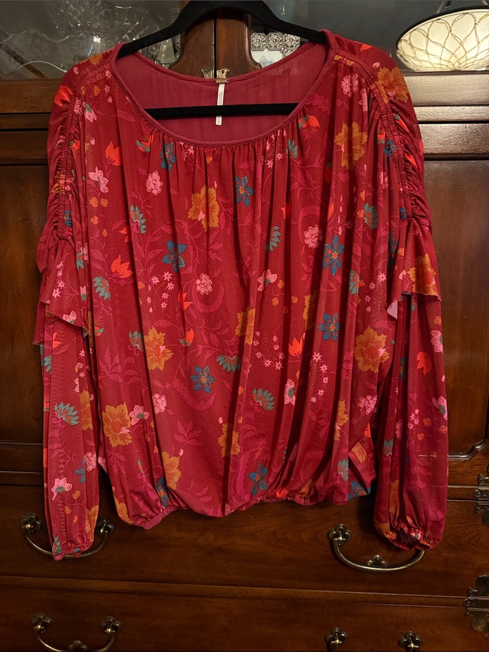 Free People Red Floral Long-Sleeve Peasant Top